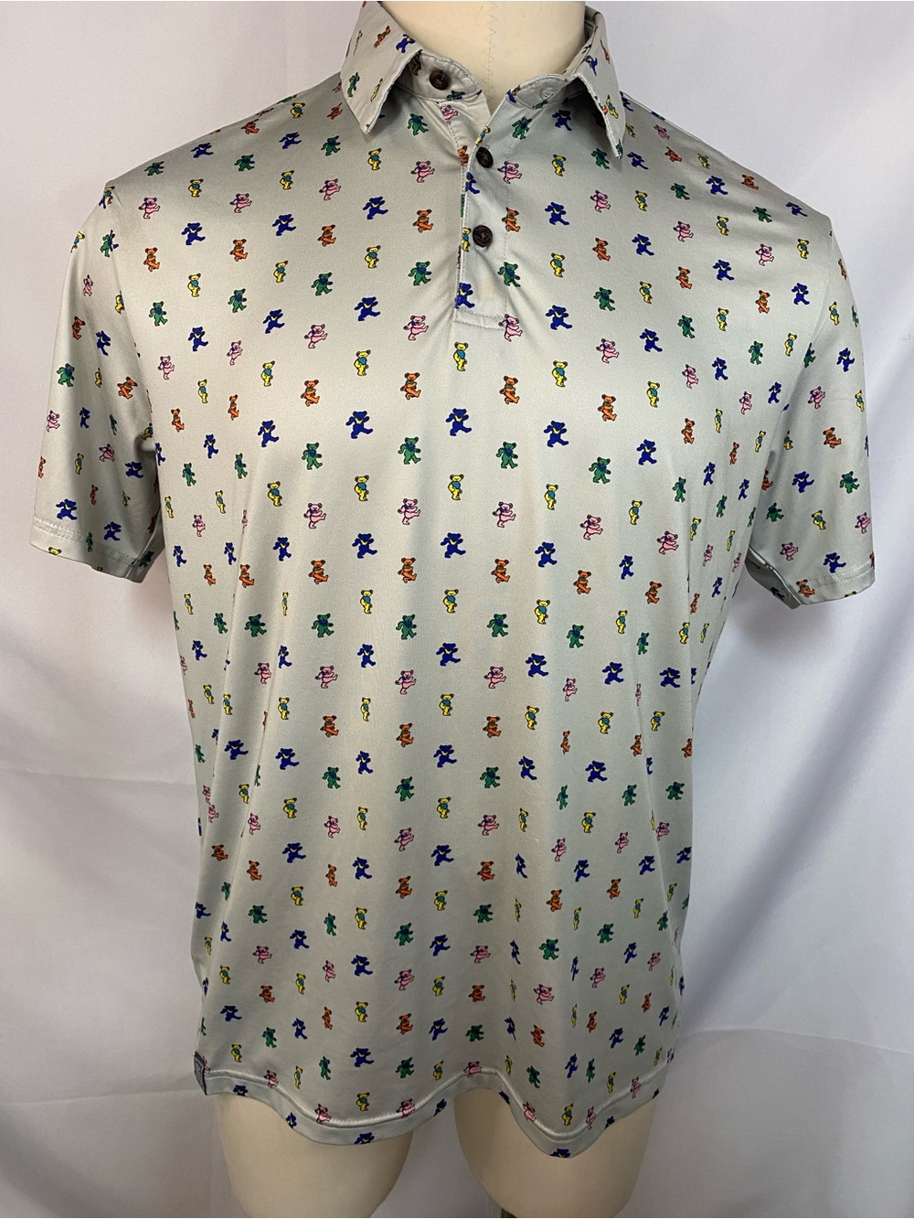 SEC 119 Light Green Polo Shirt with Multicolor Dancing Bears Print Men’s Large